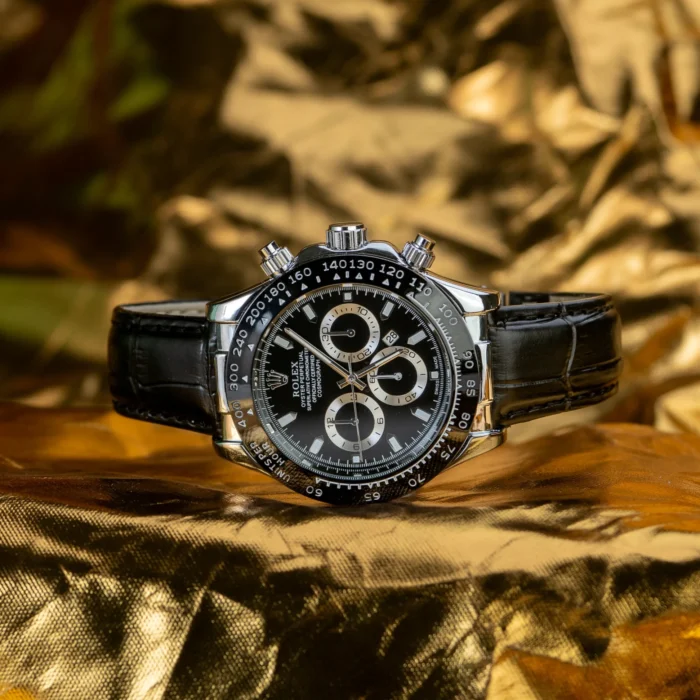Rolex Daytona Leather Strap Black-Silver Dial – TimeVault